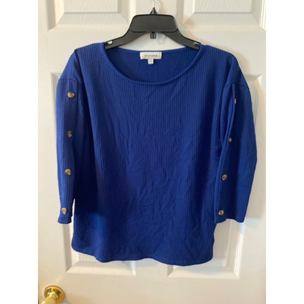 Set The Stage Royal Blue Ribbed Knit Button Sleeve Scoop Neck Blouse Small